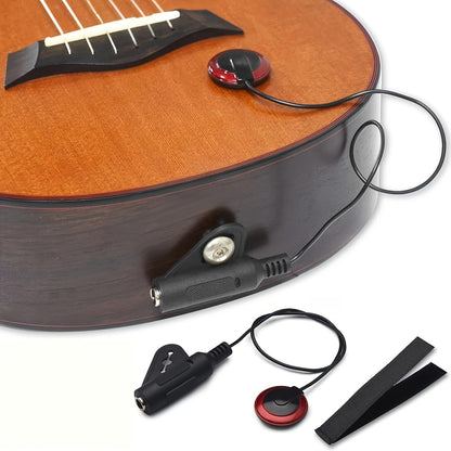 VOT Certified contact microphone piezo pickup attached to guitar strings for enhanced sound amplification and acoustic performance.
