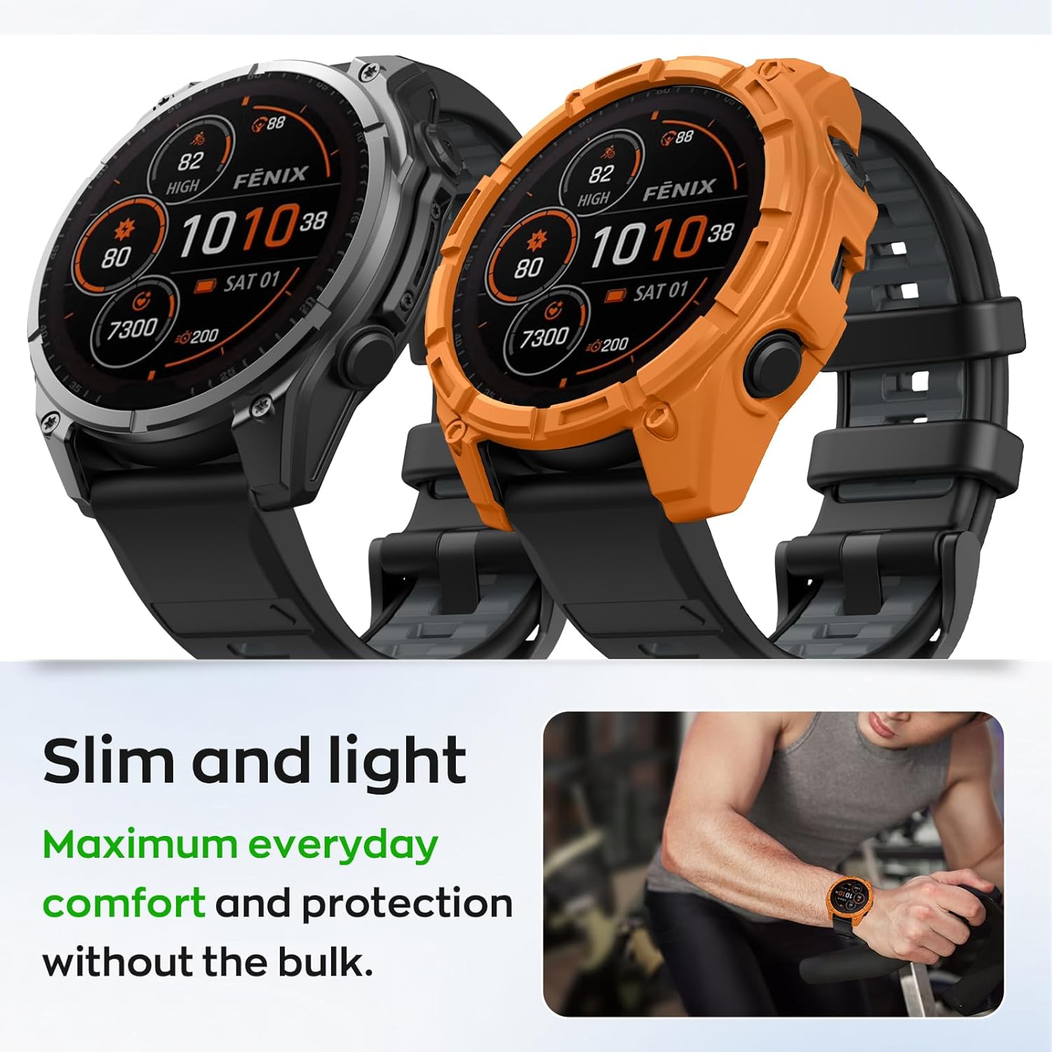 MySkin watch case for Fenix and Epix 47mm smartwatches, protective accessory in black with clear opening for screen and buttons.