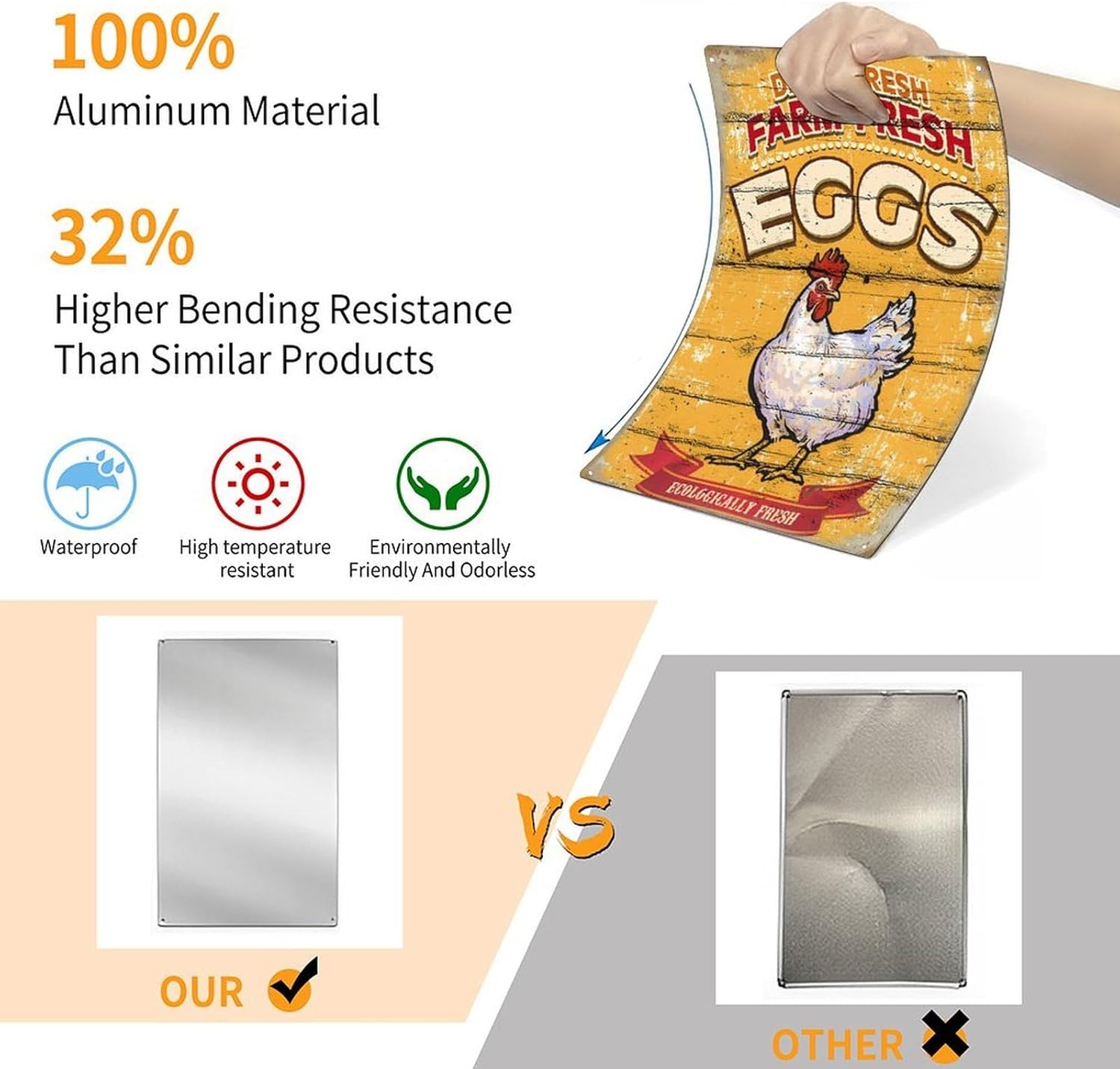 VOT Certified tin sign featuring fresh eggs illustration, vintage style wall decor for kitchen or farm-themed spaces