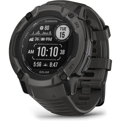 Garmin Instinct 2X Solar GPS smartwatch with rugged design and solar charging display in black and gray tones