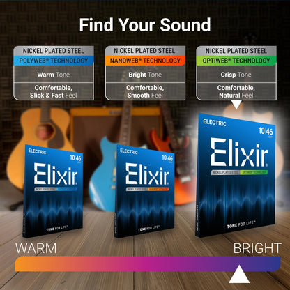 Elixir light electric guitar strings pack of 4, gauge 10-46, with new metal coating visible in the image