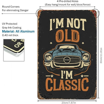 VOT Certified classic tin sign with vintage design, featuring a white background and nostalgic artwork for wall decor.