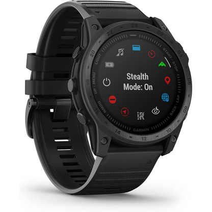 Garmin Tactix 7 GPS smartwatch displaying a digital watch face with outdoor and tactical features on a white background.