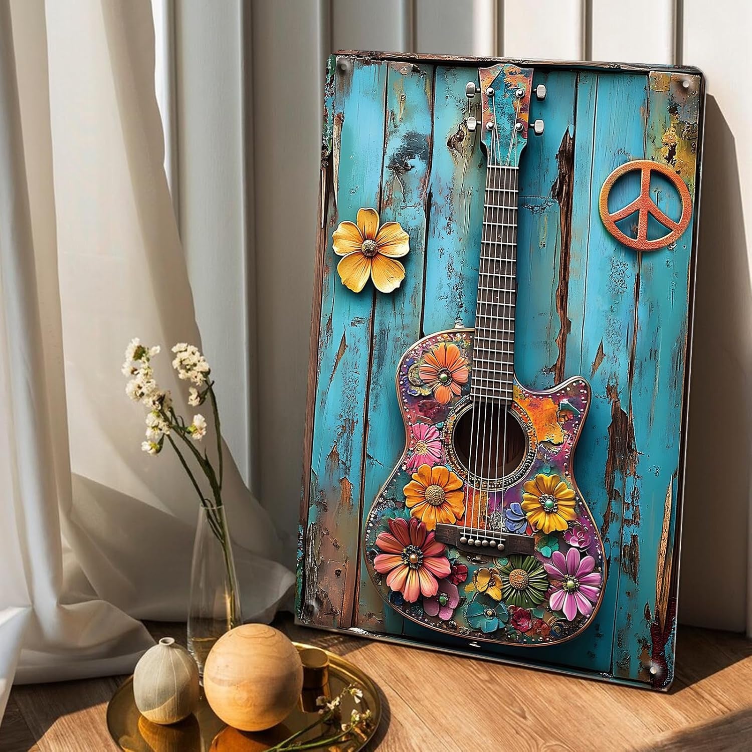 Guitar with Flowers Tin Sign