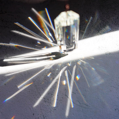 VOT Certified large clear crystal sun catcher prism, 5-inch diameter, hanging decorative ornament with reflective facets.