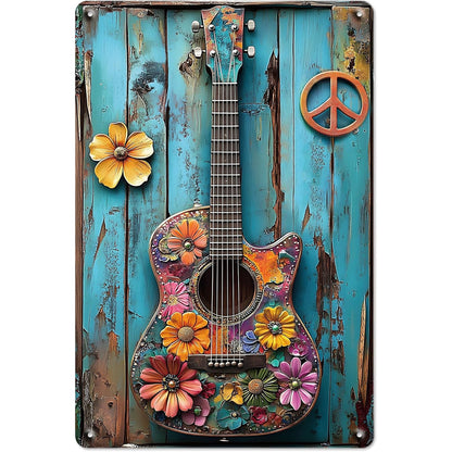 Guitar with Flowers Tin Sign
