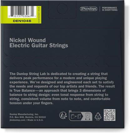 Dunlop nickel wound electric guitar strings 10-46, showing a set of six strings with bright metallic finish and packaging.