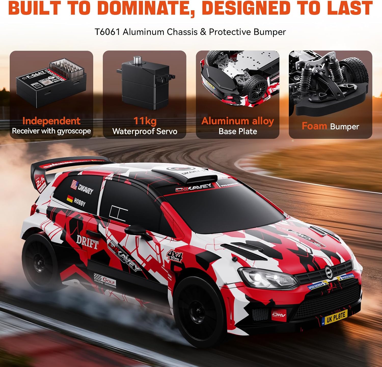 Dikavey Rally Hetchback RC car in 1:12 scale, shown on a track with detailed body and rugged tires for off-road racing.