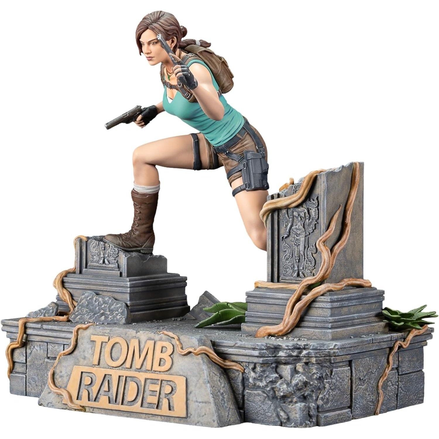 Dark Horse Deluxe Tomb Raider Lara Croft PVC figure showing her in action pose with detailed sculpting and signature outfit.