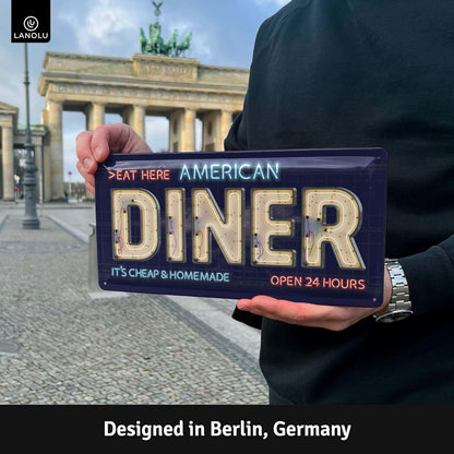 VOT Certified American Diner tin sign with vintage diner design, featuring bold lettering and retro style on a white background