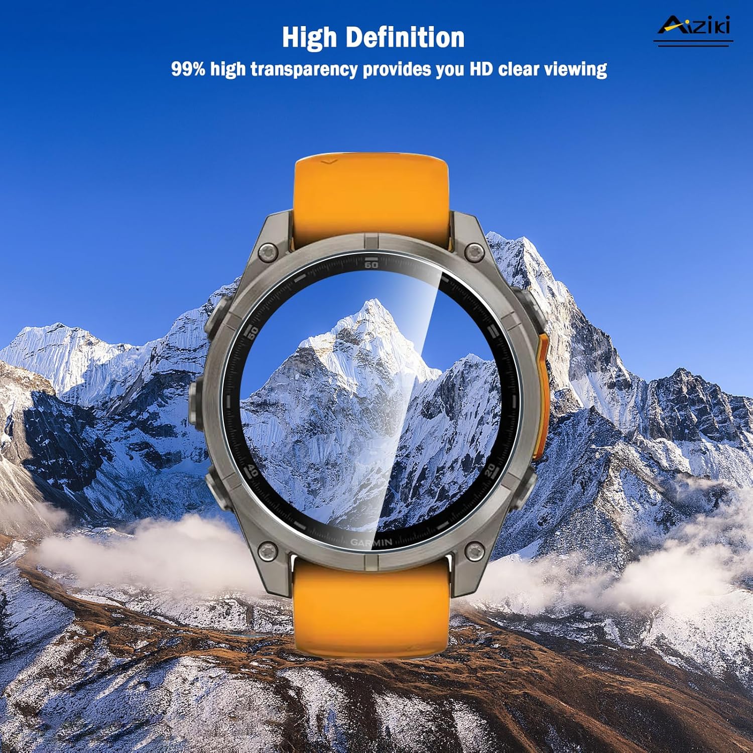 Aiziki screen protector for Fenix 8 47mm smartwatch, clear protective accessory displayed on a watch face.