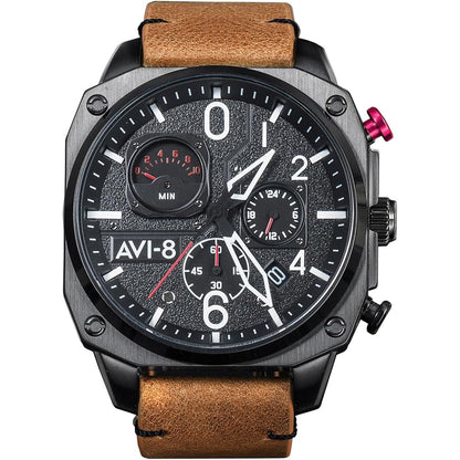 AVI-8 Hawker Hunter Pilot Watch with retrograde chronograph, featuring a black dial, aviation-style design, and stainless steel strap.