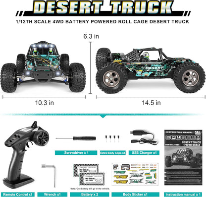 Haiboxing Desert Truck RC 1:12 scale remote control vehicle with rugged off-road tires and detailed desert-themed design.