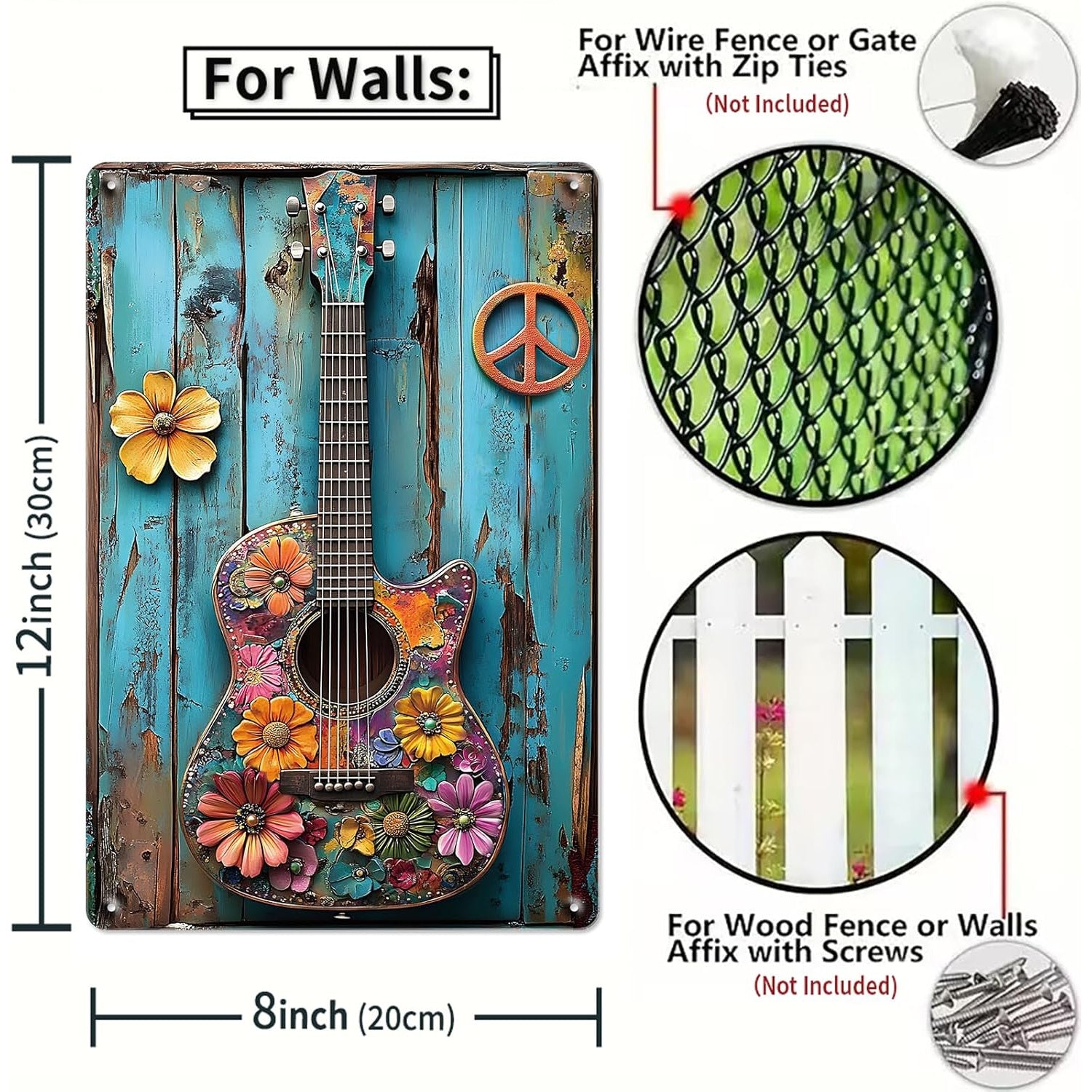 Guitar with Flowers Tin Sign