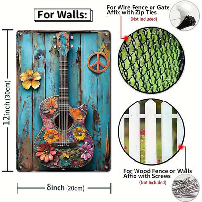Guitar with Flowers Tin Sign