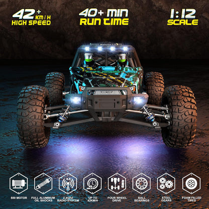 Haiboxing Desert Truck R/C 1:12 scale off-road remote control vehicle on rugged terrain with large tires and detailed body.