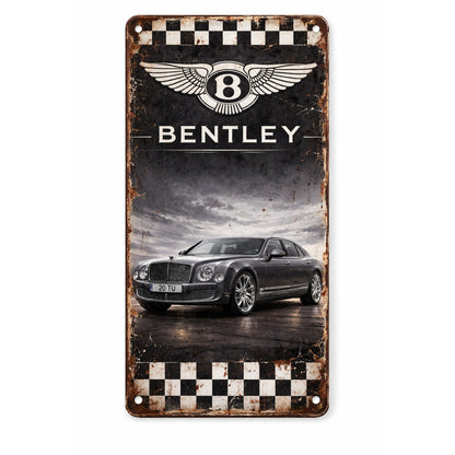 Vintage white Bentley tin sign by VOT Certified, featuring classic branding and a weathered metal surface for retro decor.