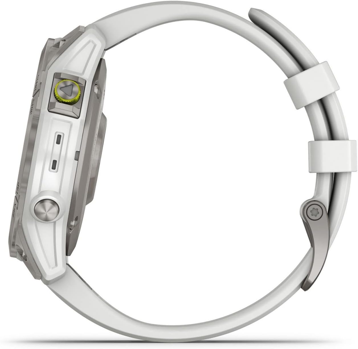 White smartwatch with a metallic band on a white background