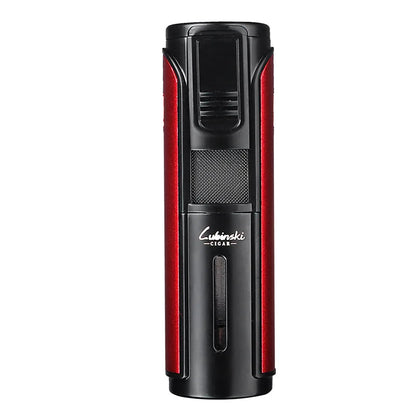 Lubinski torch lighter with five jets, black metal body, compact design, and adjustable flame for outdoor or indoor use.