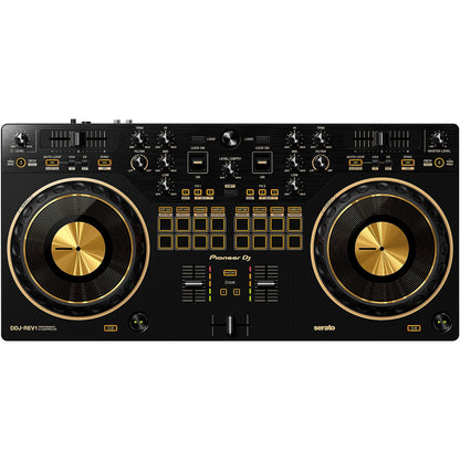 Pioneer DJ DDJ-REV1-N Serato performance DJ controller in limited-edition gold with jog wheels, mixer, and control buttons.