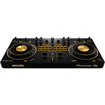 Pioneer DJ DDJ-REV1-N Serato performance DJ controller in limited-edition gold with jog wheels and control knobs.