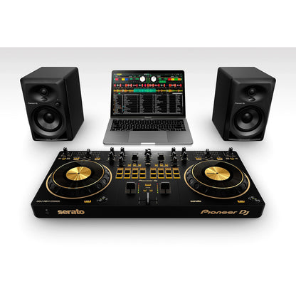 Pioneer DJ DDJ-REV1-N Serato performance DJ controller in limited-edition gold with jog wheels, controls, and colorful LED lighting