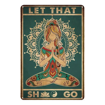 Decorative sign with a stylized illustration of a person in a yoga pose, surrounded by mandala patterns and text on a green background.