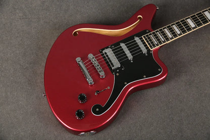 D'Angelico Premier Bedford guitar with Oxblood Red finish, front view showing the headstock and body details.