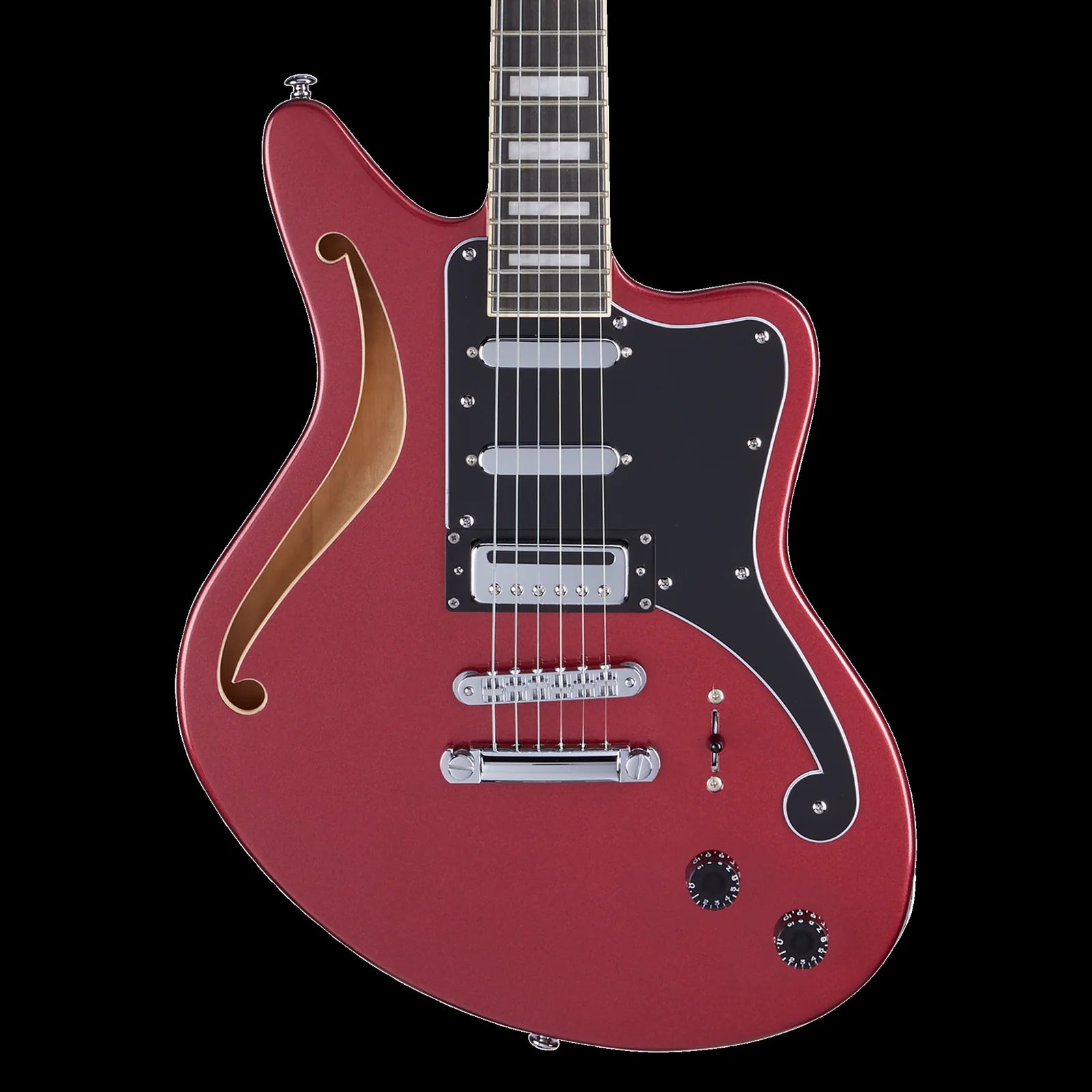 D'Angelico Premier Bedford guitar with Oxblood Red finish, featuring a solid body, six strings, and a sleek electric guitar design.