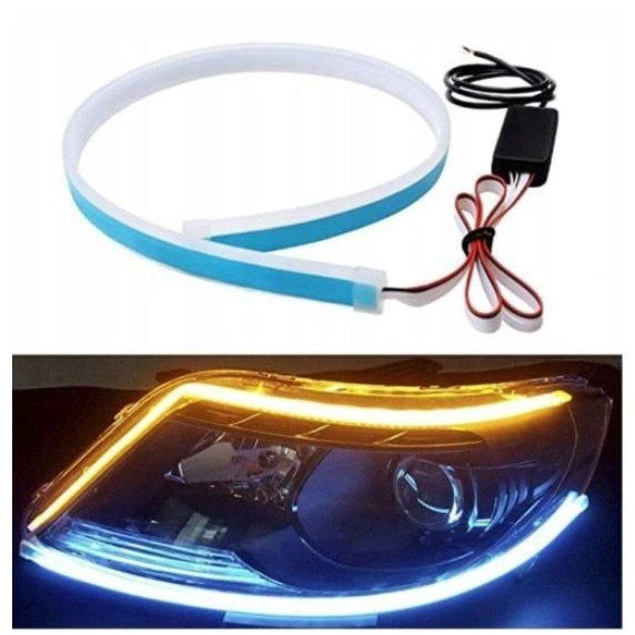 Car LED daytime running light strip with power connector on a white background