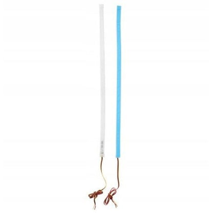 White and blue cylindrical object with exposed wires on a white background