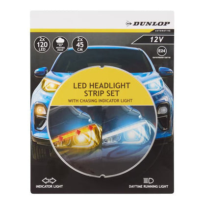 Dunlop LED headlight strip set packaging with car image on a white background