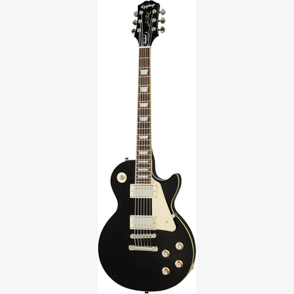 Black electric guitar with a white pickguard on a white background