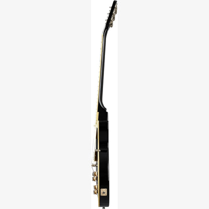 Side view of a black electric guitar on a white background