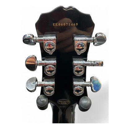 Close-up of a guitar headstock with tuning pegs on a white background