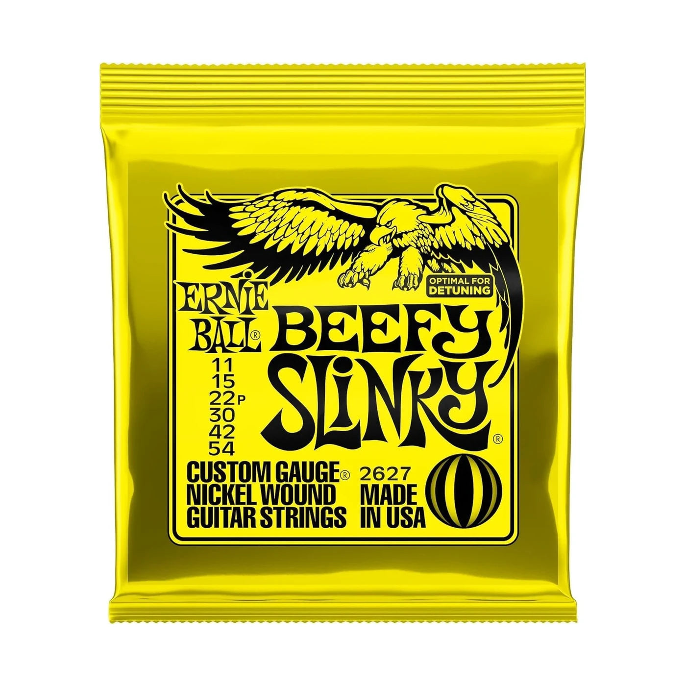 A bright yellow package of Ernie Ball Beefy Slinky guitar strings, featuring a black eagle graphic and text on a clean white background.