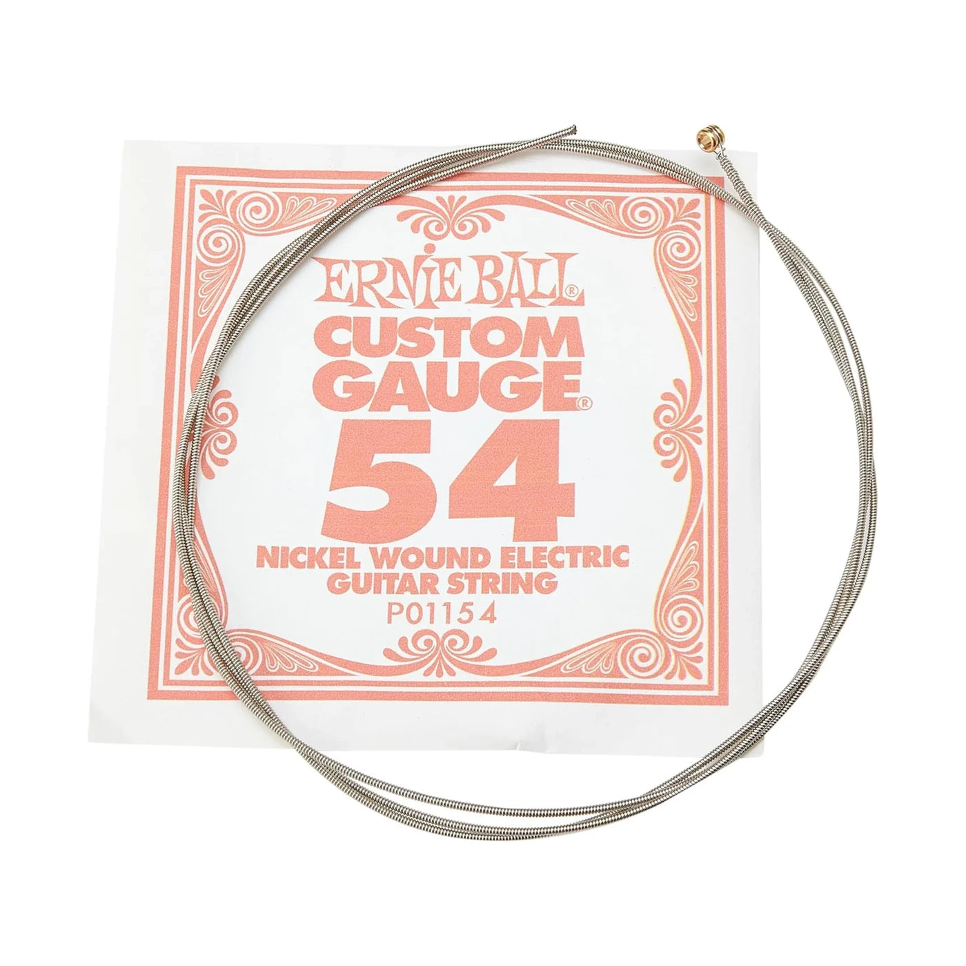 Ernie Ball Custom Gauge 54 nickel wound electric guitar string coiled over its original white packaging card with coral text and decorative borders.