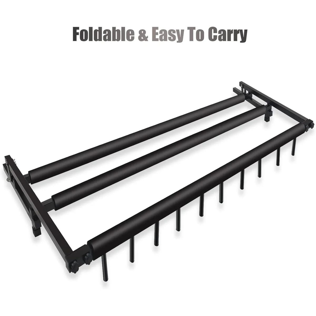 Black foldable garden tool rack on a white background with text 'Foldable & Easy To Carry'.