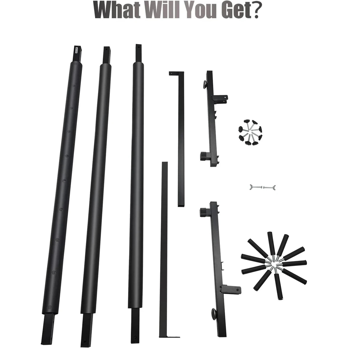 Black metal components on a white background with text 'What Will You Get?'.