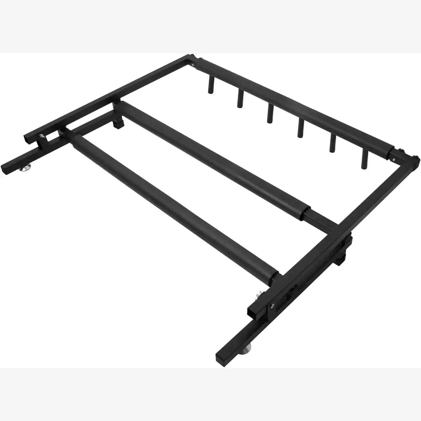 A black metal frame rack with multiple vertical pegs on one side and mounting points on the base, shown on a plain white background.