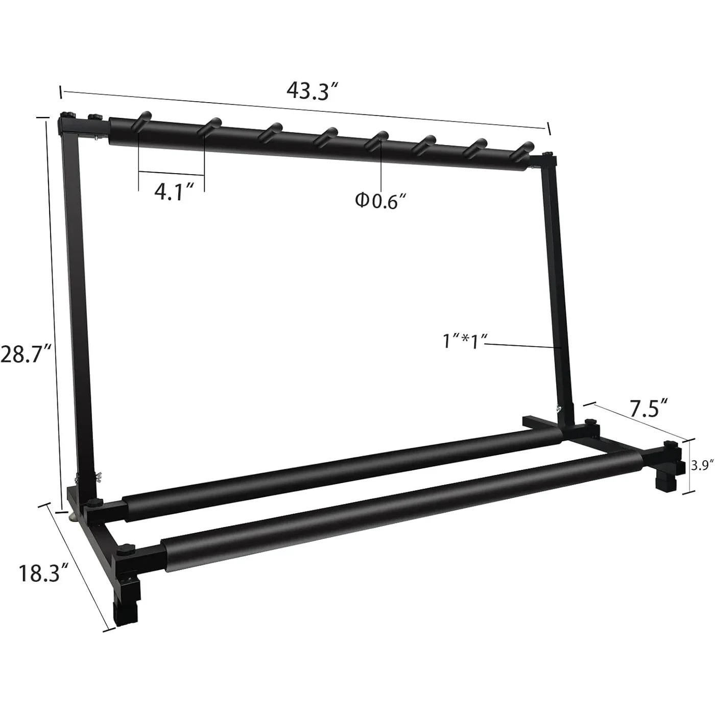 Black guitar stand with dimensions labeled on a white background