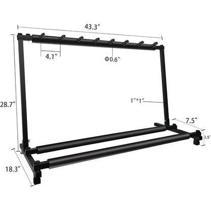 Black guitar stand with dimensions labeled on a white background