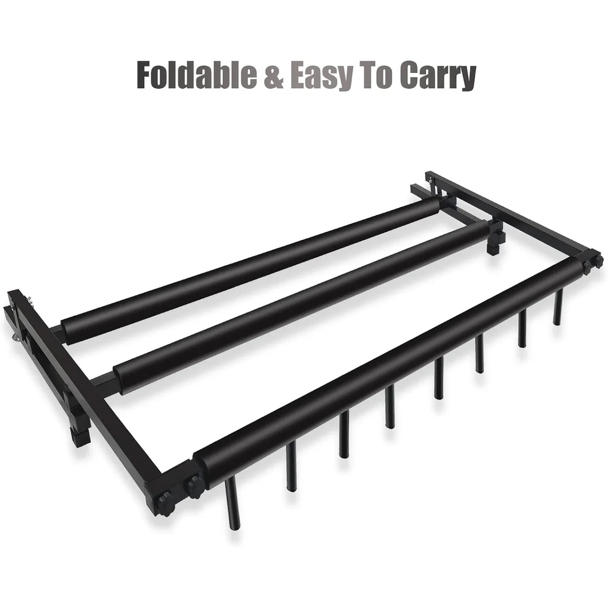 Black metal frame with extendable legs on a white background, labeled 'Foldable & Easy To Carry'.
