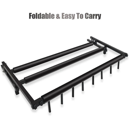 Black metal frame with extendable legs on a white background, labeled 'Foldable & Easy To Carry'.