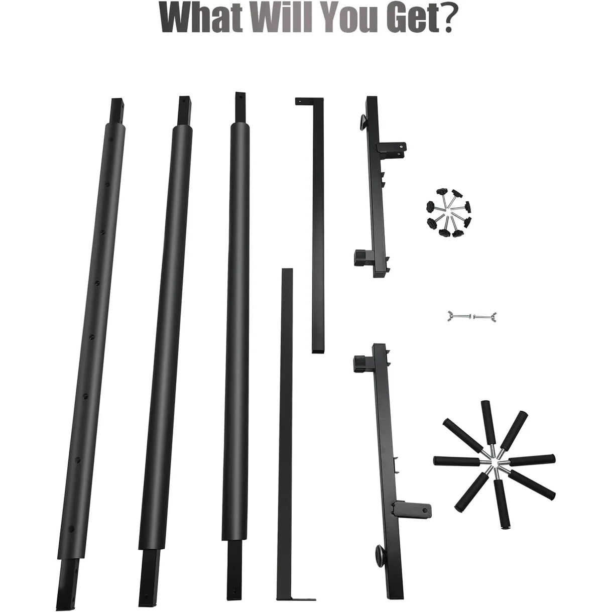 Black metal components and parts on a white background with text 'What Will You Get?'.
