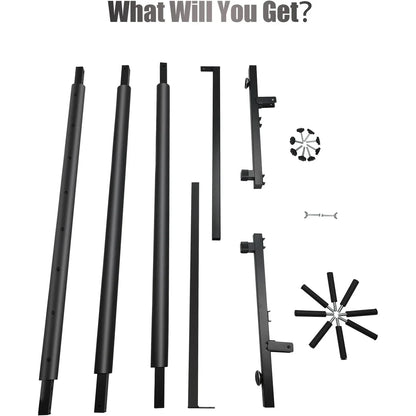 Black metal components and parts on a white background with text 'What Will You Get?'.