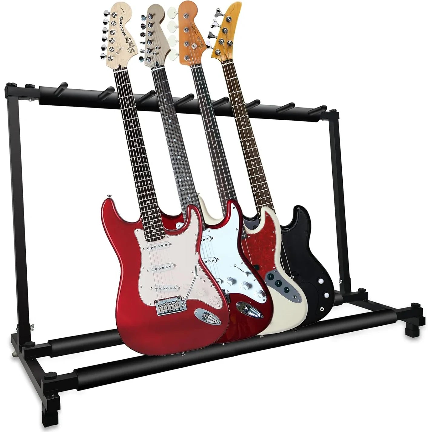Black guitar stand holding four electric guitars on a white background