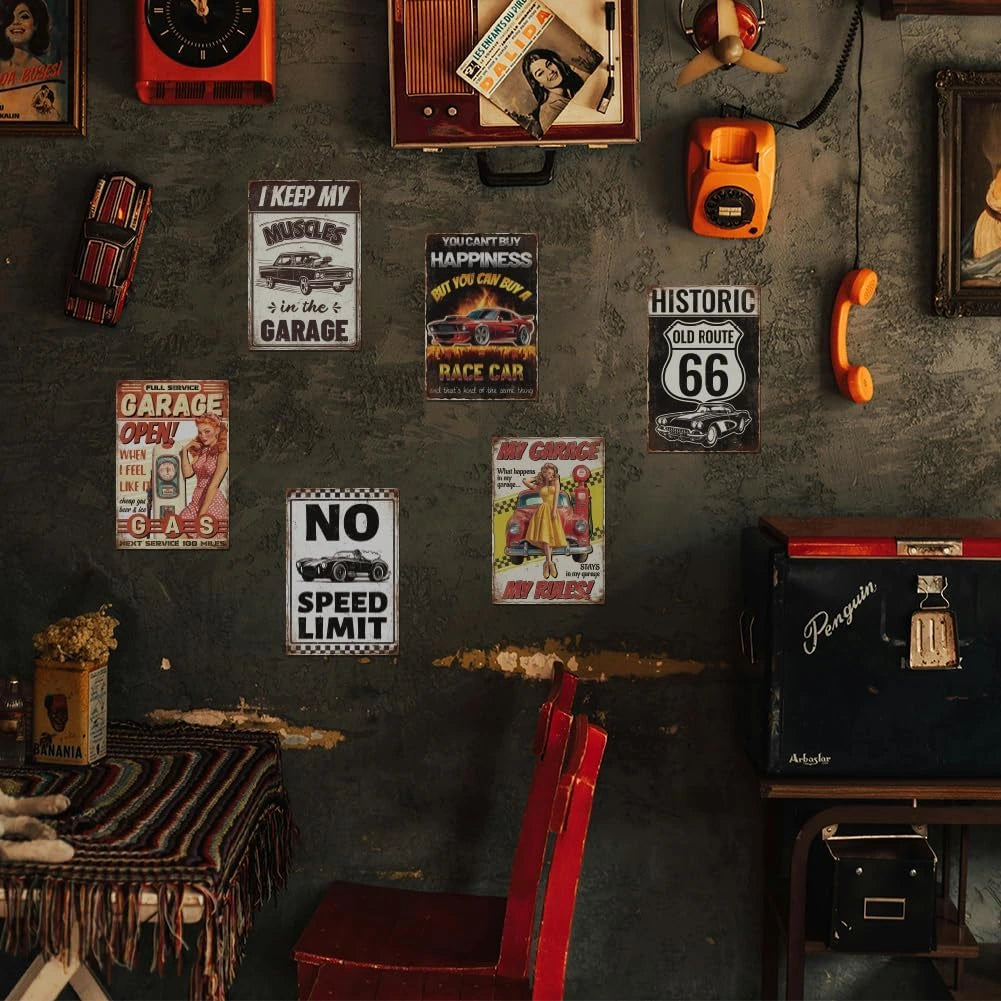 Vintage-themed wall decor with signs and small models on a textured wall.