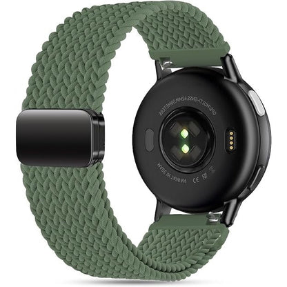 An olive green braided silicone watch band attached to a round black smartwatch, shown from the back on a clean white background.