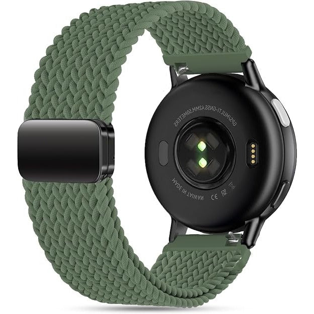 An olive green braided silicone watch band attached to a round black smartwatch, shown from the back on a clean white background.